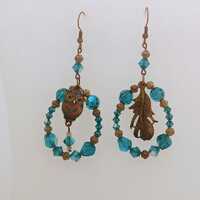 Owl and owl feather hoop earrings, bronze owl beaded deep teal earrings, owl earrings, owl and feath