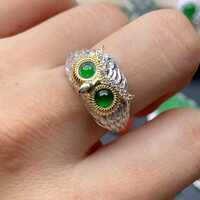 Unique Owl Ring, Natural Guatemala Jade Ring in Sterling Silver, Green Jade Ring,  untreated jade, T