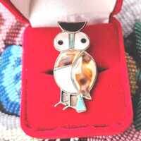 Cute OWL Zuni or Navajo Native American Inlaid Vintage 925 Sterling Ring ~Turquoise, Onyx, Pearl, Sh