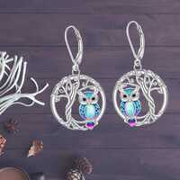 Owl Earrings 925 Sterling Silver Tree of Life Animal Dangle Drop Moonstone Earrings For Women Girls