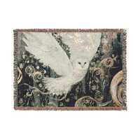 Snowy Owl Woven Tapestry Blanket: Cotton Fringed Throw