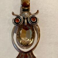 Large Horned Owl Pendant/ Scarf Enhancer, Smoky quartz and Citrine eyes