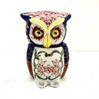 Vintage Porcelain Owl Figurine Colorful Owl with Removal Head to Reveal a Jar or Container for Small