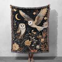 100% Cotton Custom Owl Woven Blanket, Moonlit Wildlife Tapestry Throw, Cozy Nature Blanket, Botanica