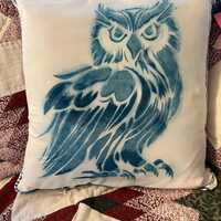 Cyanotype Owl pillow case, cover, handmade, original, one of a kind, animal print