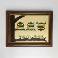 Vintage Nobody’s Perfect Owl Hand Painted Needlepoint Inspired Canvas Art with Wooden Frame