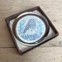 Vintage Boxed Little Owl Paperweight Round Glass with Picture of Owl inside. In good condition
