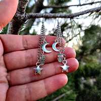 Sterling Silver Night Owl Dangle Earrings: Celestial Star Moon Charms