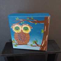 Owl, acrylic, painting, desk art, table top art, acrylic, blue, brown, handpainted