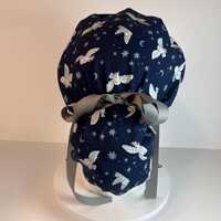 Navy owl scrub cap, owl print ponytail scrub hat, Bonnet Head Designs