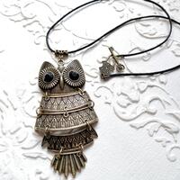 Collier Grand Pendentif Hibou, collier cordon en cotton cir&eacute;, Collier steampunk, Bijoux Victo
