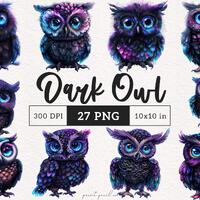 Glittery Owl clipart Dark Owl PNG Mystical clip art Sublimation Junk Journal Cartoon bird scrapbook 