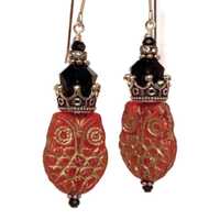 Horned Owl Earrings: 14K Gold Fill, Czech Glass Bird, Crown Dangle