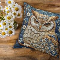 Square Pillow, Elegant Great Horned Owl Pillow in Muted Colors, Faux Batik Style, Home Decor, Living