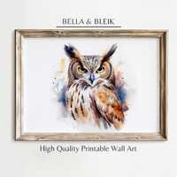 Printable Wall Art, Portrait Owl, Forest, Wildlife, Warm Tone Field Landscape, Country Painting, Dig