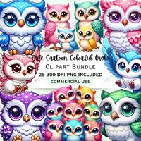 Cute Cartoon Colored Owls Clipart Bundle, Whimsical Character Stickers, Adorable Quirky Bird PNG, Tr