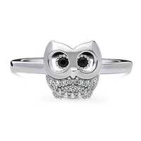 Cute OWL Ring, Black & White Round Moissanite Diamond Ring, Mini Owl Bird Inspired Ring, Silver 