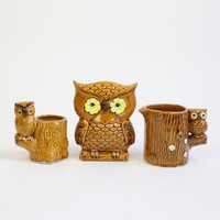 Lego Owl Group, Pitcher, Toothpick Holder and Napkin Holder Slightly Shabby, Made in Japan
