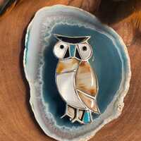 Zuni Inlay Owl Sterling Silver, Turquoise, Mother of Pearl, Onyx Brooch