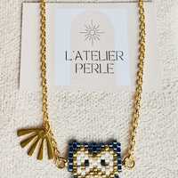 Fine bracelet with hand threaded OWL and fan charm, gold Miyuki beads and gold plated hook and chain