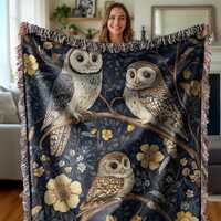 Boho Cottagecore Owls Woven blanket, Owl Lovers Tapestry, Nature Floral Owls Woven throw