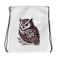 Vintage Owl Print Drawstring Gym Bag, Sling Backpack