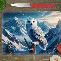 Glass Cutting Board Sublimation - Snow Owl in the Mountains - 15.5 x 11.25 Inch - PNG Download - Dig