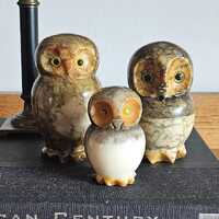 Set of 3 vintage Italian alabaster owl figurines