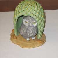 1984 WOODLAND SURPRISES OWL In Cactus Porcelain Hand Painted by Jacqueline B Smith 3 5/8" High 