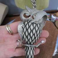 60s  Razza Shy Owl on Articulating Branch Heavy Silver and White  Statement Necklace