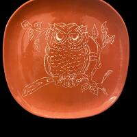 Retro 70s Sgraffito Owl Decorative Square Plate - Kitschy Home Decor