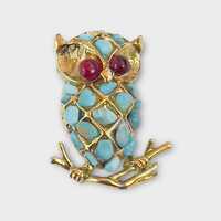 Collectible Signed Vintage Swoboda Garnet Eyed Owl Turquoise Brooch Pin
