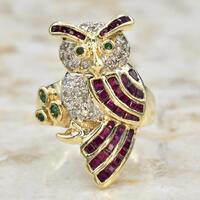 Vintage 14k Gold Owl Ring With Diamonds, Rubies, and Emeralds c.1970s