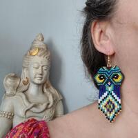Totem Hibou // Grandes boucles d'oreilles à franges animal totem hibou bleu