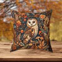 Cottagecore Owl Throw Pillow – Faux Suede Forest Cushion, Woodland Animal Decor, Rustic Cozy G