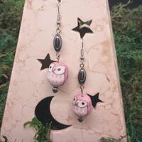 Pink Ceramic Owl & Hematite Drop Dangle Earrings