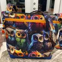 A Beautiful Vibrant Collage of Owls Crossbody or Shoulder Adjustable Strap Fabric Purse With Secured