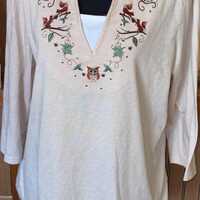 Vintage XL tan embroidered three-quarter sleeve shirt, owls and squirrels cottage core