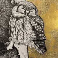 ORIGINAL Cute Owl Fine Art Gold Leaf | OOAK | Farmhouse Bird Of Prey Gothic Bird Sketch Farm | Wall 