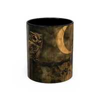 Rustic Owl Mug - Perched Owl with Crescent Moon and Woodgrain Texture - Nature-Inspired Coffee Cup w