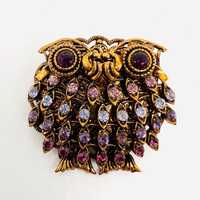 West Germany Lavender & Purple Rhinestone Owl Brooch Signed Vintage Jewelry