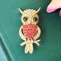 Rare 1940s Hollycraft Owl Brooch: Red Rhinestone & Pearl Figural Pin