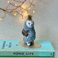 Cotton Spun Owl Ornament / Vintage Inspired Handmade Figurine / Owl with Gold Crown Whimsical Glitte