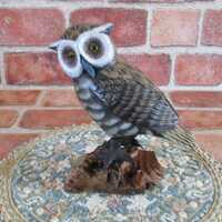 Vintage carved wood owl figurine, Horned owl carving with plastic feet and beak