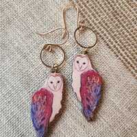 Barn Owl Earrings: Gold Dangle Earrings, Hand-Painted Wood