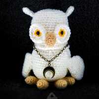 Knitted White Owl Plush: Wicca Pagan Toy with Bronze Crescent Moon