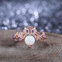 Rose Gold Owl Ring, White Opal & Amethyst, Nature Engagement Ring