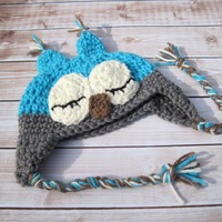 Crochet Baby Owl Hat: Turquoise Blue, Gray, and Ivory