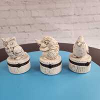 Vintage Ceramic Animal Trinket Boxes: Owl, Hedgehog, Cardinal - Set of 3