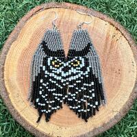 Beaded Great Horned Owl Fringe Earrings